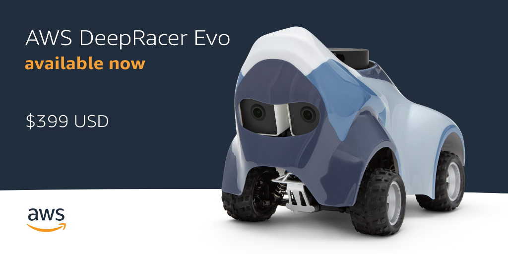 awscloud's tweet photo. Ready to take your machine learning journey to the next level? AWS DeepRacer Evo 🏎️ enables object avoidance &amp; head-to-head 🆚 racing in a physical environment, and it's available now for $399 USD for a limited time (U.S. only). Don't miss out: https://t.co/awZI5DG3m2 https://t.co/G5Nb8ocmdz