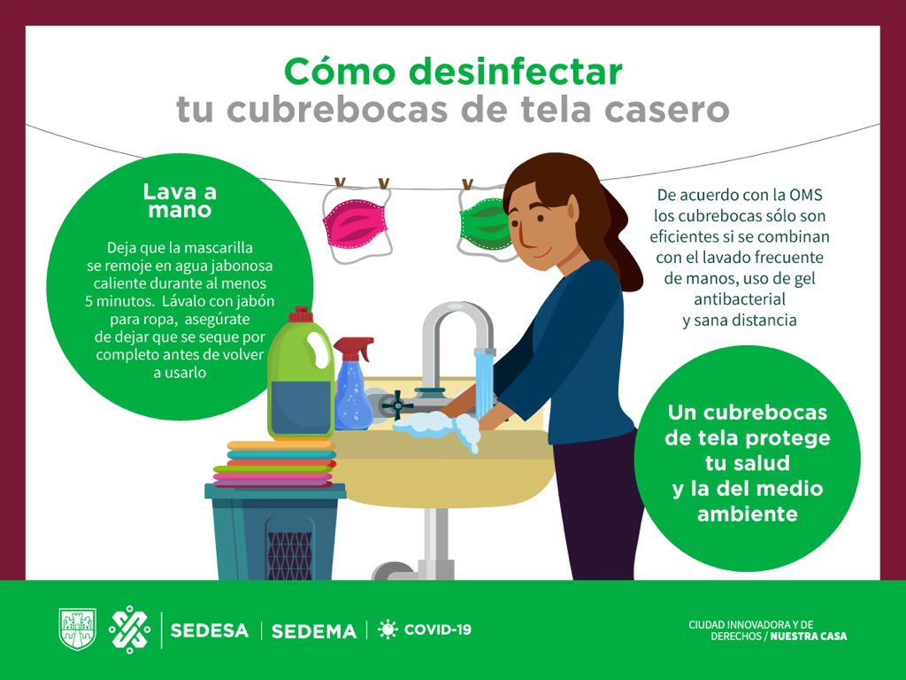 GobCDMX's tweet photo. El cubrebocas que usas para salir de casa 😷  podría contaminarse en el camino, recuerda lavarlo y desinfectarlo 🧼🚿 para volverlo a usar. 👍

Mientras no haya vacuna #NoBajemosLaGuardia 😷 https://t.co/Qlq5bRT2ry