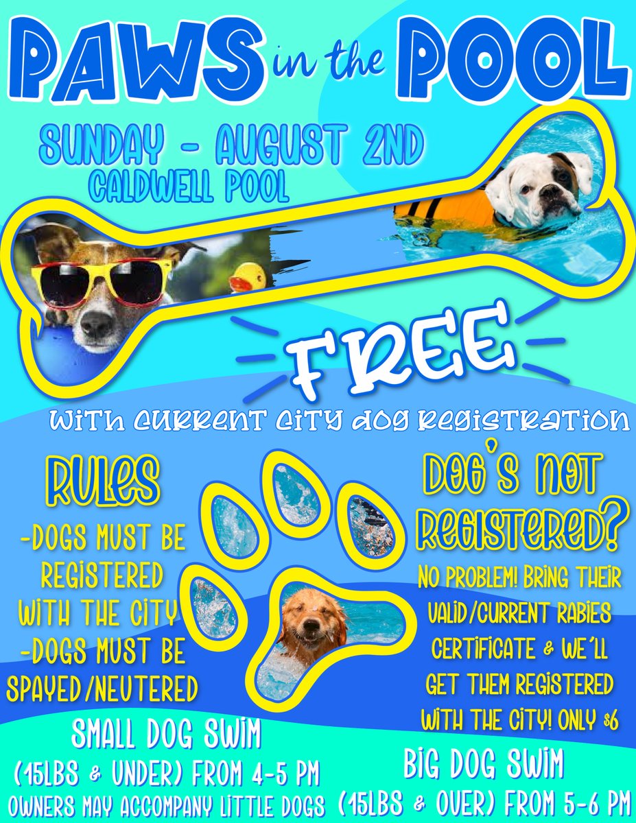 CaldwellKSPD's tweet photo. Let's see those four legged friends at the pool!!!! 
We will also be there registering your pets! https://t.co/2C3PqSDADN