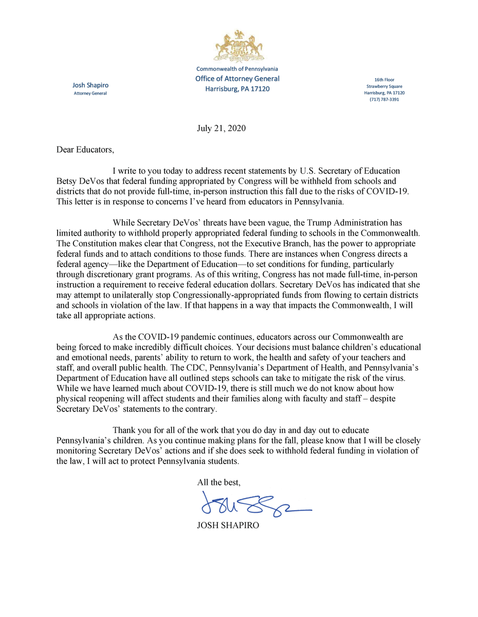 PAAttorneyGen's tweet photo. Can @BetsyDeVosED withhold federal funding from schools that don’t open for full-time, in-person instruction due to #COVID19?

Here’s my answer: https://t.co/ICA5AyrL4M