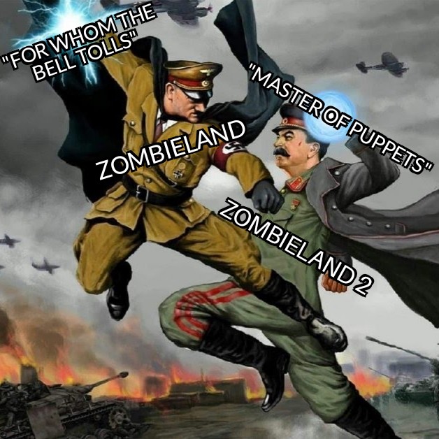 GrimTuesday23's tweet photo. See, we've all seen this meme. And it's always "All Star" from Shrek vs. "I Need A Hero" from Shrek 2. But. I made this because I feel like this is one we're not talking about. 🤔😂
#zombies #Metallica #bothareawesome #zombieland #VS #Memes https://t.co/la0q4XtpmX