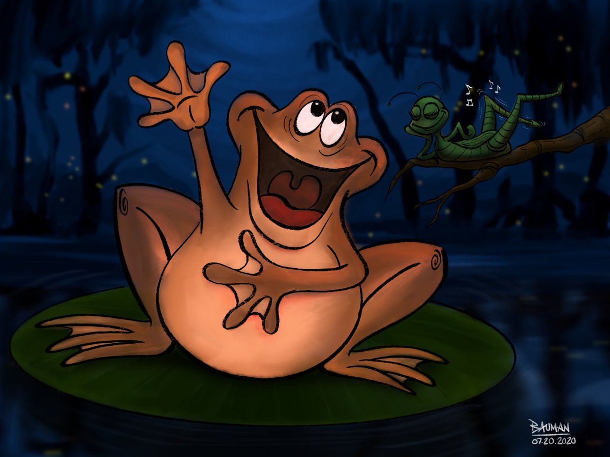jbaumanart's tweet photo. SCBWI "Night Sounds" illustration prompt for July. My submission. Hope you like it! (I wonder what happens to the cricket after their song?) #scbwidrawthis #scbwi #illustration #kidlit #jbaumanart #frogandcricket #swampduet #procreate #tiptopbrushes #georgmegapackbrushes @georgvw https://t.co/4ywkGgC2e7