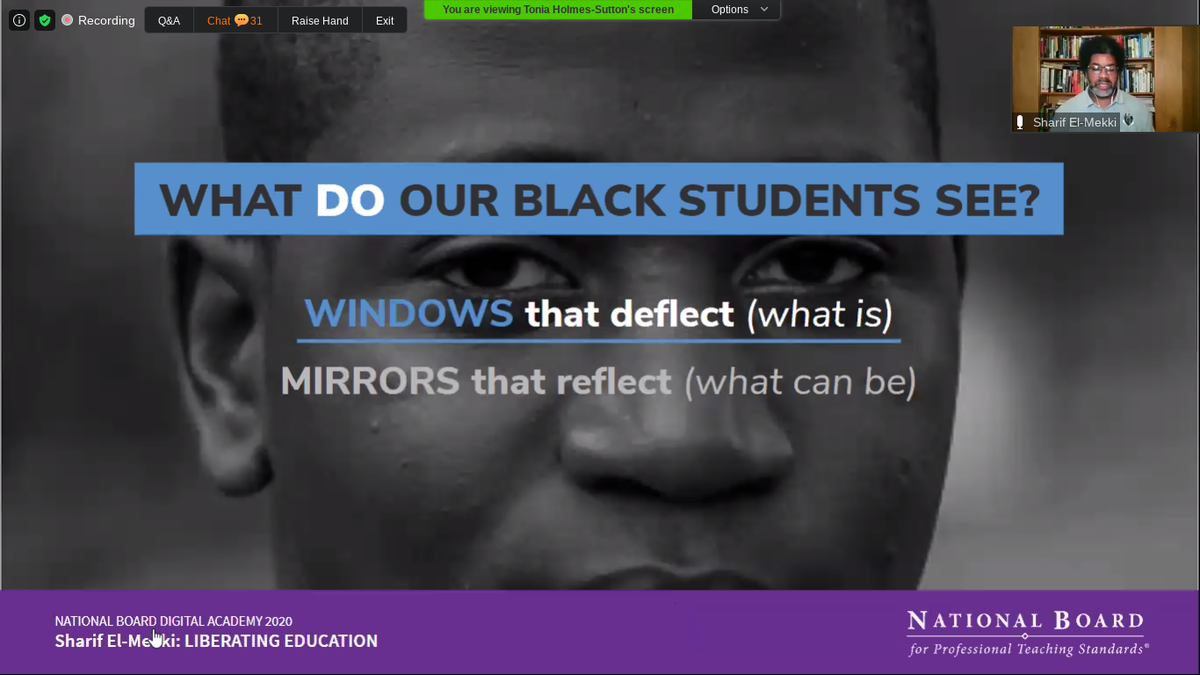 Vjack524's tweet photo. Powerful PD this afternoon! Liberating Ed: Advancing Social Justice &amp; Equity in Schools - "Racial Justice &amp; social justice are intertwined with educational justice. For Black lives to matter, Black minds have to matter." Thanks @selmekki #NBCT #NBCTstrong #NBAcademy @NBPTS https://t.co/WhOQPx715A