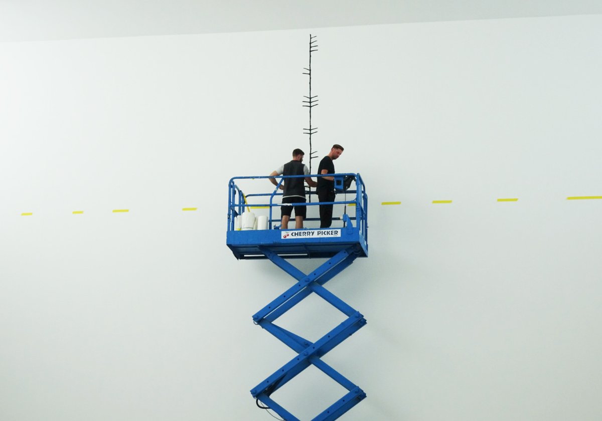 katieholten's tweet photo. The #IrishTreeAlphabet is taking root @VisualCarlow. Here's a secret message being installed, sprouting on the massive gallery wall. It's drawn/written in the new Ogham typeface from the #IrishTrees font family. 🌱 https://t.co/I60J96R68U