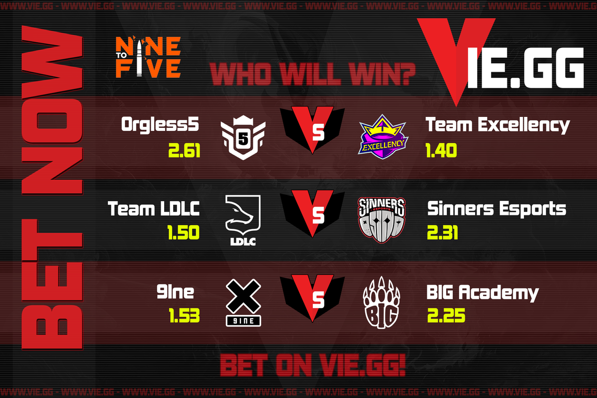 VIE_Bet's tweet photo. #ninetofive
➡️ https://t.co/wRLujBkfw5
#BetWithVie and win your way! 💪
Who do you think will win? 🤔
#Orgless5 #teamexcellency #foxSpirit #imasinner #9INE #gobig #CSGO #betting #eSports https://t.co/25j33MElNH