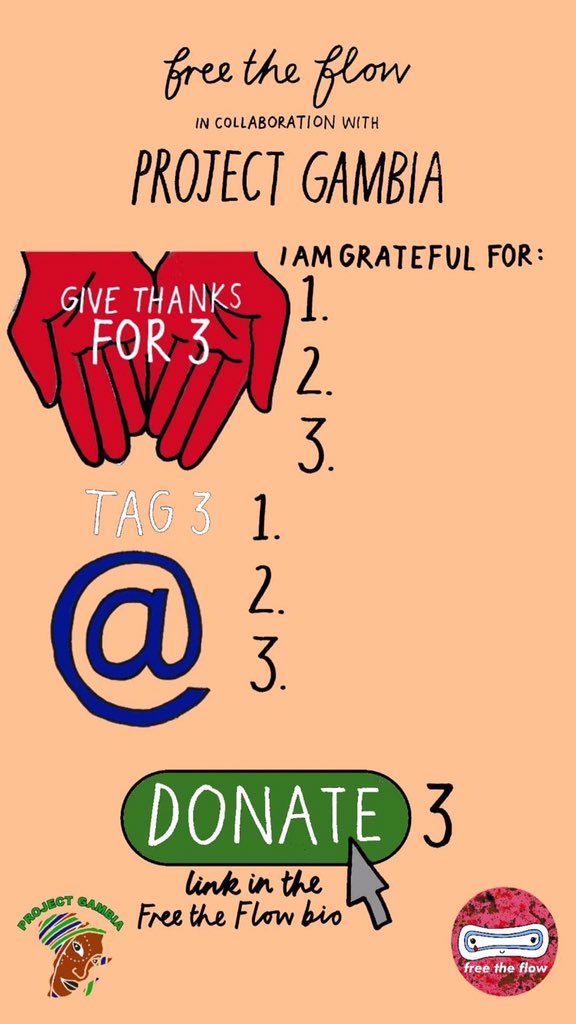 FreeTheFlow_'s tweet photo. Please share 3 things you are grateful for, tag 3 people and donate £3 to Project Gambia to raise money for essential food packages, link in our bio ❤️🩸 https://t.co/qKGH0kV6GS