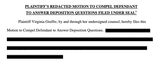 This is one of the files subject to the judge's upcoming ruling: 10 almost entirely redacted pages.Virginia Giuffre's counsel argues to compel Ghislaine Maxwell to answer deposition questions.