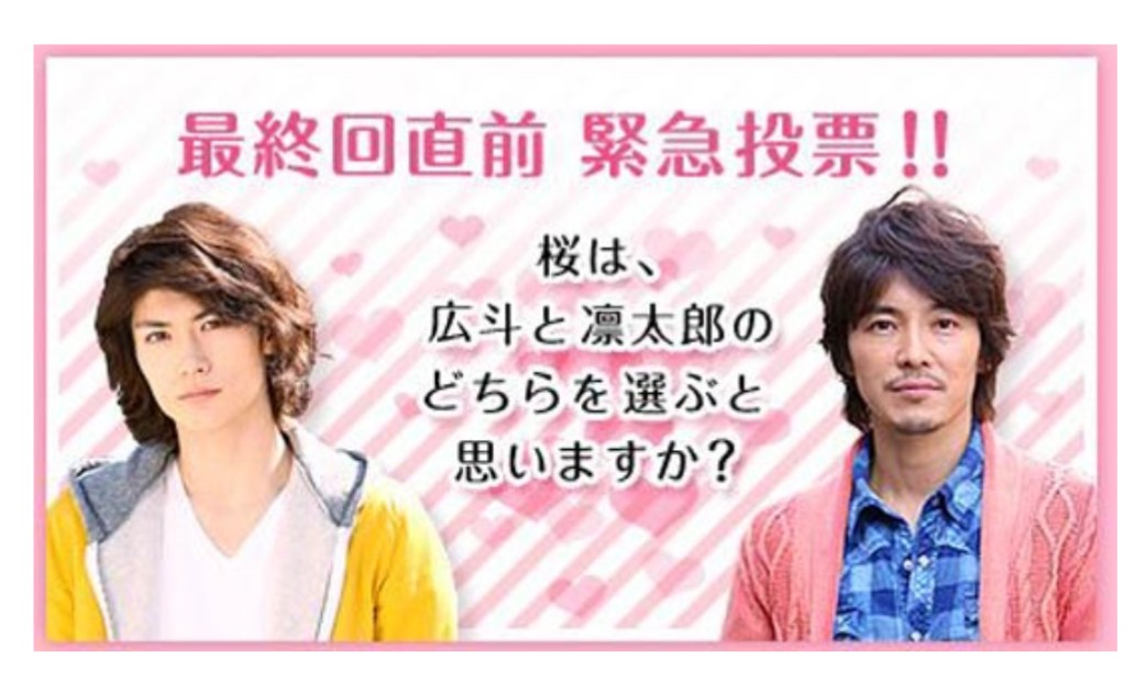 あきなお アッキー 桜はどちらを選ぶ投票の結果発表 総投票数 3 746 194票 凛太郎 1 8 358票 Vs 広斗1 862 6票 ラストシンデレラ 佐伯広斗 三浦春馬 立花凛太郎 藤木直人 投票結果