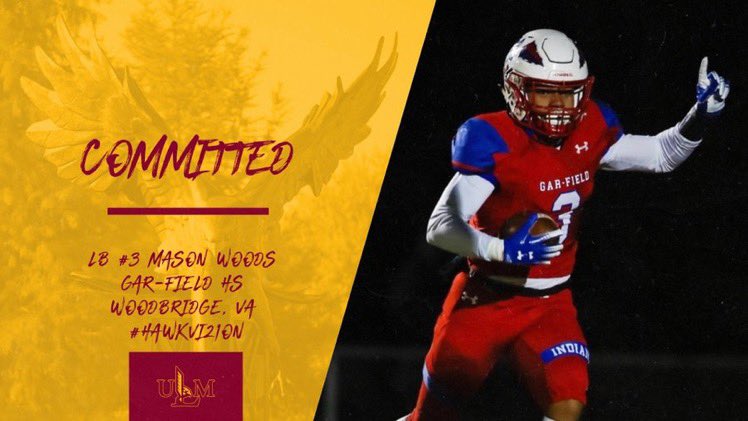 Congrats to Mason Woods, GarField Football; Go “Hit Somebody” for ULM! A special thank you to all the coaching staffs that took the time to evaluate our son!  He’s special. <a href="/CoachStoker/">Coach Stoker</a> <a href="/CoachViator/">Matt Viator</a> <a href="/ULM_FB/">ULM Football</a> <a href="/CoachPFMiller/">Patrick Miller</a> <a href="/CoachP_eterson/">Coach P 🍎🏈📚🎓CoachesHelpingCoaches</a> @RivalsFriedman <a href="/Recruit757/">recruit757</a> <a href="/InsideNoVA/">InsideNoVA</a>