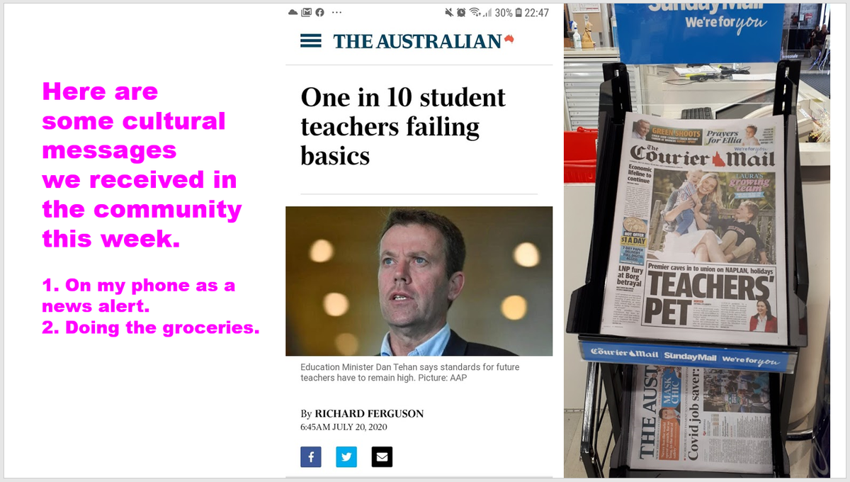 kmcg2375's tweet photo. Final touches on your lecture slides @engcurric. It's messed up that I reliably have fresh examples for this slide every single year, but there you go. Our culture of teacher bashing is truly inescapable and our mainstream media have a lot to answer for. #EESY https://t.co/H4C1QDGLr1