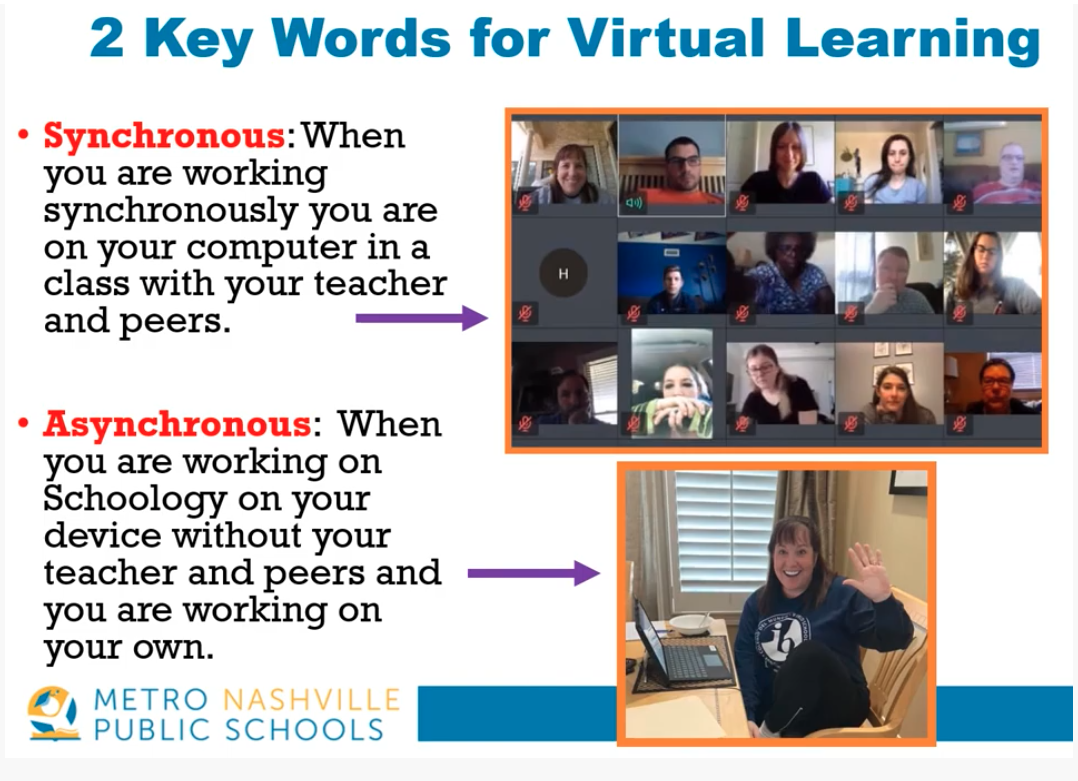 MetroSchools's tweet photo. Shout out to @KesslerDr for smartly explaining "synchronous" and "asynchronous" - two words we are hearing a whole lot these days. https://t.co/CX1QVTkaHV