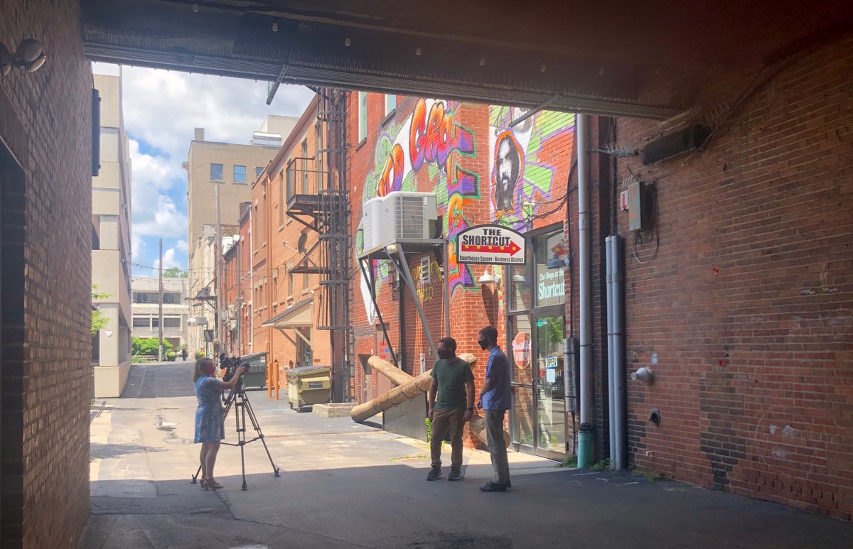 BRITEpeople's tweet photo. A #BTS look at our interview with @NadineG316 on our lighting installation project, set to BRITE'n up Dave Grohl Alley later this summer! Thanks for the coverage, @WKBN. 
If you'd like to learn more, and donate, you can do so here: https://t.co/oFVamz3Jjg https://t.co/TtKusIoVvc