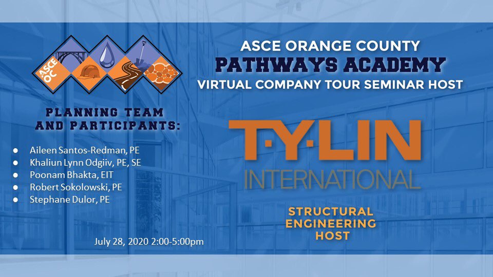 TYLI_Group's tweet photo. TYLI is excited to be hosting the Structural Engineering Virtual Company Tour Seminar for the ASCE Orange County Pathways Academy Program! We look forward to sharing about Structural Engineering with the Class of 2020 Student Scholars. #asceocymf #pathwaysacademy #ascemademe https://t.co/cNYHDf4Iok