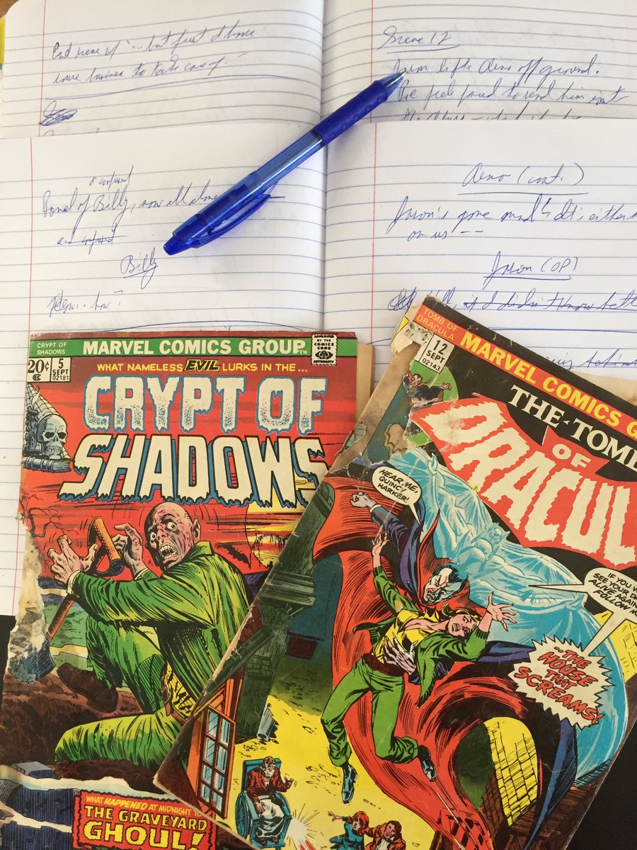 Writing the last chapter of ‘The Halloween Girl’ in the company of some very old friends today... 🎃 #thehalloweengirl #graphicnovel #horrorcomics #WritingCommunity #marvelhorror #cryptofshadows #tombofdracula