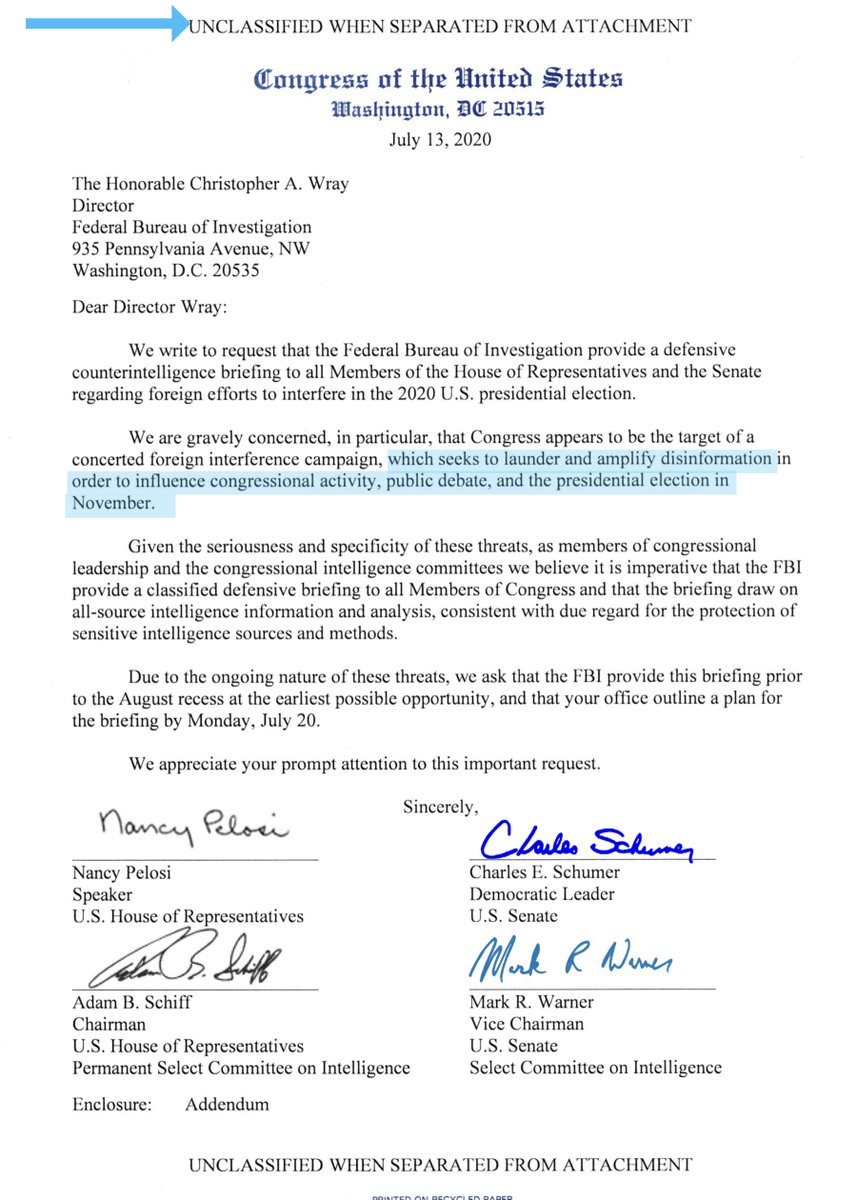 Interesting language“...Congress appears to be the target of a concerted foreign interference campaign.. seeks to launder and amplify disinformation in order to influence congressional activity, public debate, and the presidential election in November” https://intelligence.house.gov/uploadedfiles/20200713_big_4_letter_to_fbi_director_wray_-_defensive_briefing_signed.pdf