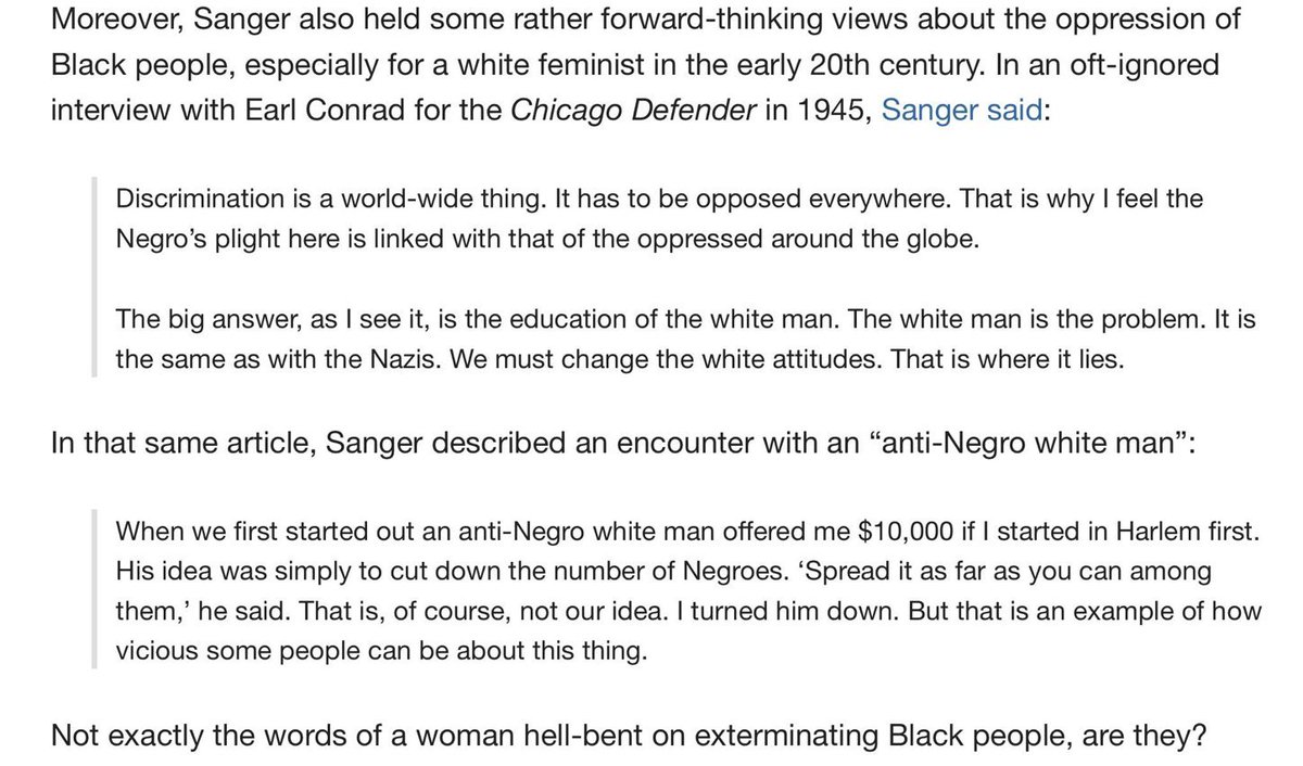 It is a persistent lie that anti-choicers cling to the way Jack Dawson clinged to that raft. (Clinged? Clang? Clung? Either way, move over Rose!) Here are Sanger’s words in 1945. Does this sound like someone hellbent on Black genocide? No it does not.  https://www.nyu.edu/projects/sanger/webedition/app/documents/show.php?sangerDoc=320145.xml