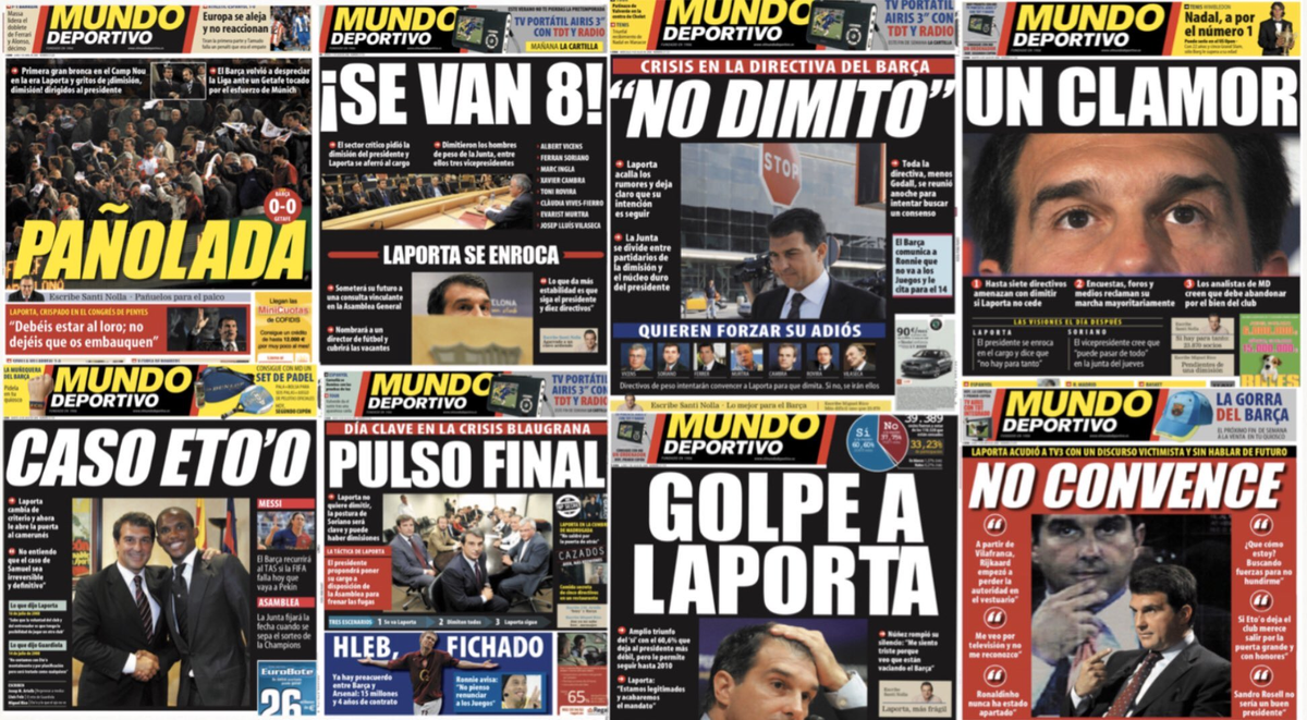 Pendant 4 ans Rosell et Bartomeu vont réaliser une énorme propagande anti-Laporta avec comme alliés, Javier Godo, le président de Grupo Godó, le plus grand groupe de communication Catalan, qui détient notamment Mundo Deportivo ,Barça TV ou encore RAC1.(Carlo Godó au milieu)