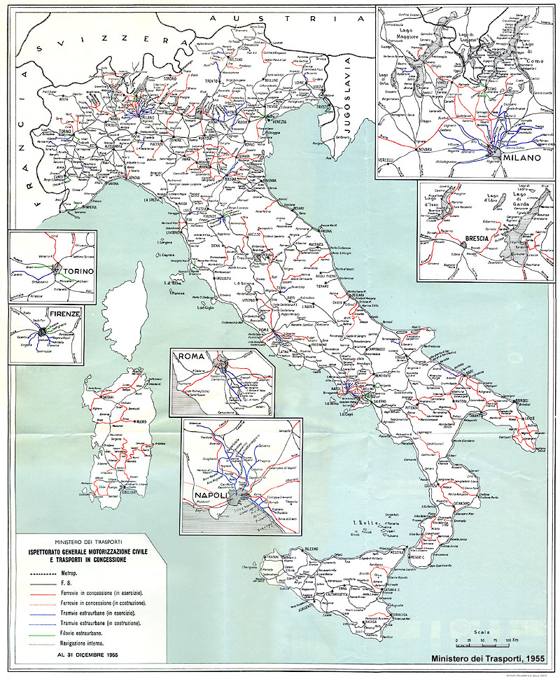 8/ This is a map of Italian local railways ("concesse" red) and interurban tramways (blue) in 1955, before the first wave of closures during the 1960-70s.