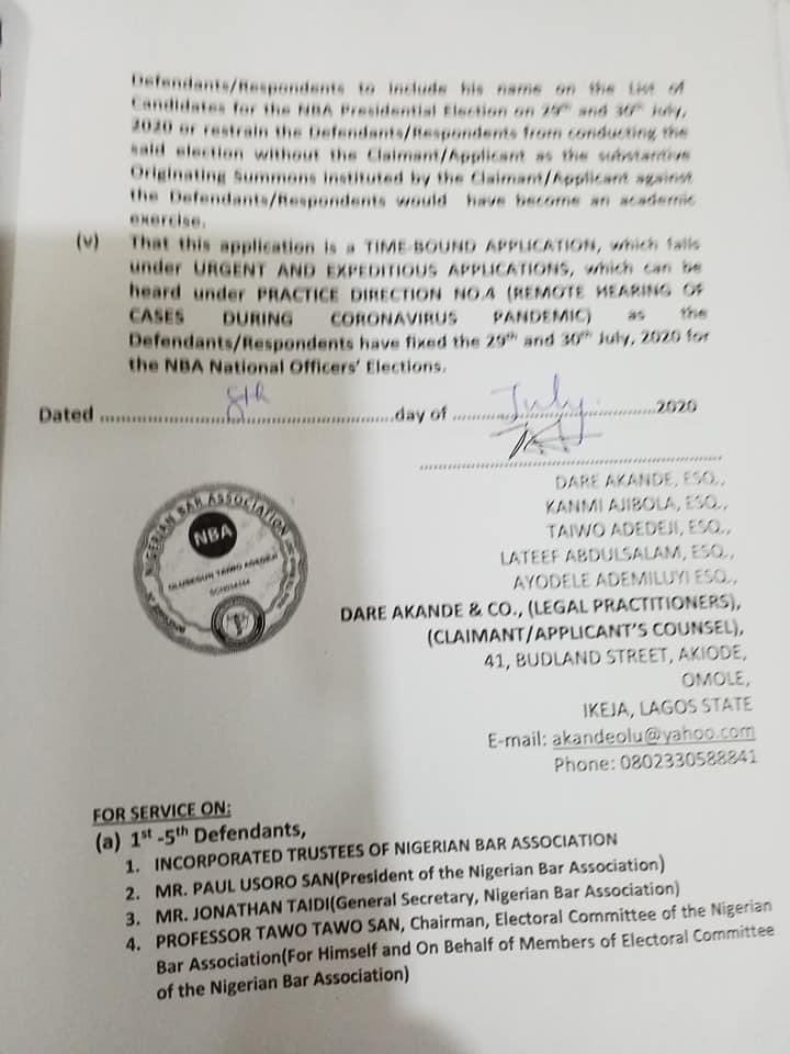 nbaradical's tweet photo. BREAKING NEWS : ADESINA OGUNLANA , CHALLENGES DISQUALIFICATION FROM NBA PRESIDENTIAL ELECTION 2020,IN COURT, ASKS FOR INJUNCTIVE RELIEFS . MATTER COMES UP ON FRIDAY 24TH JULY 2020 BEFORE HON JUSTICE OYEBANJI OF THE IKEJA HIGH COURT . @DeleFarotimi @LawyardNG @ChidiOdinkalu https://t.co/cJow1cSjN2