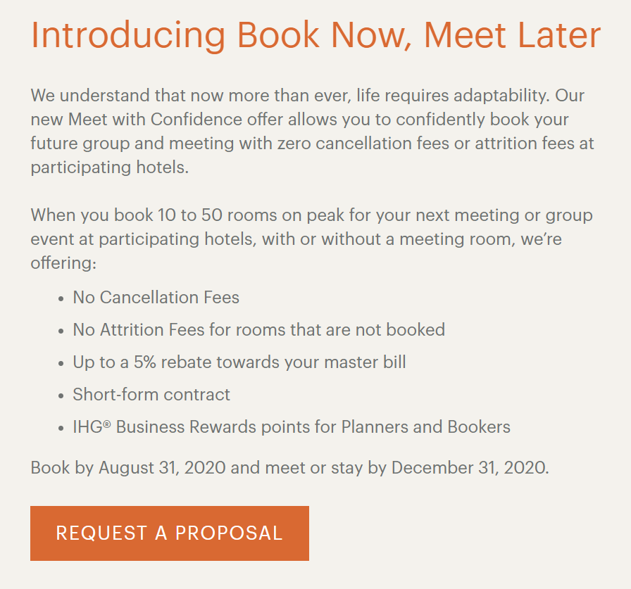 CrowneLansing's tweet photo. MEET WITH CONFIDENCE – Book 10 to 50 overnight rooms by 8/31/20 &amp; meet by 12/31/20 to enjoy: 
• No Cancellation Fees
• No Attrition Fee for rooms not booked
• Up to 5% rebate toward your master bill
• IHG® Business Rewards points for Planners &amp; Bookers https://t.co/JcSbcrDBnn https://t.co/iowv7ofTuj