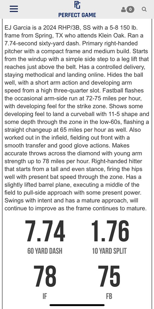 EjGarcia2024's tweet photo. Thank you @PerfectGameUSA @Texas_PG good write ups to help set new goals. #baseball #topprospectteam #goals #keepgrinding #Grind https://t.co/jPCL5QPIrZ