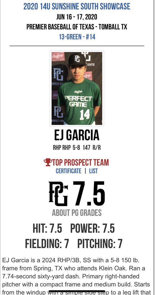 EjGarcia2024's tweet photo. Thank you @PerfectGameUSA @Texas_PG good write ups to help set new goals. #baseball #topprospectteam #goals #keepgrinding #Grind https://t.co/jPCL5QPIrZ