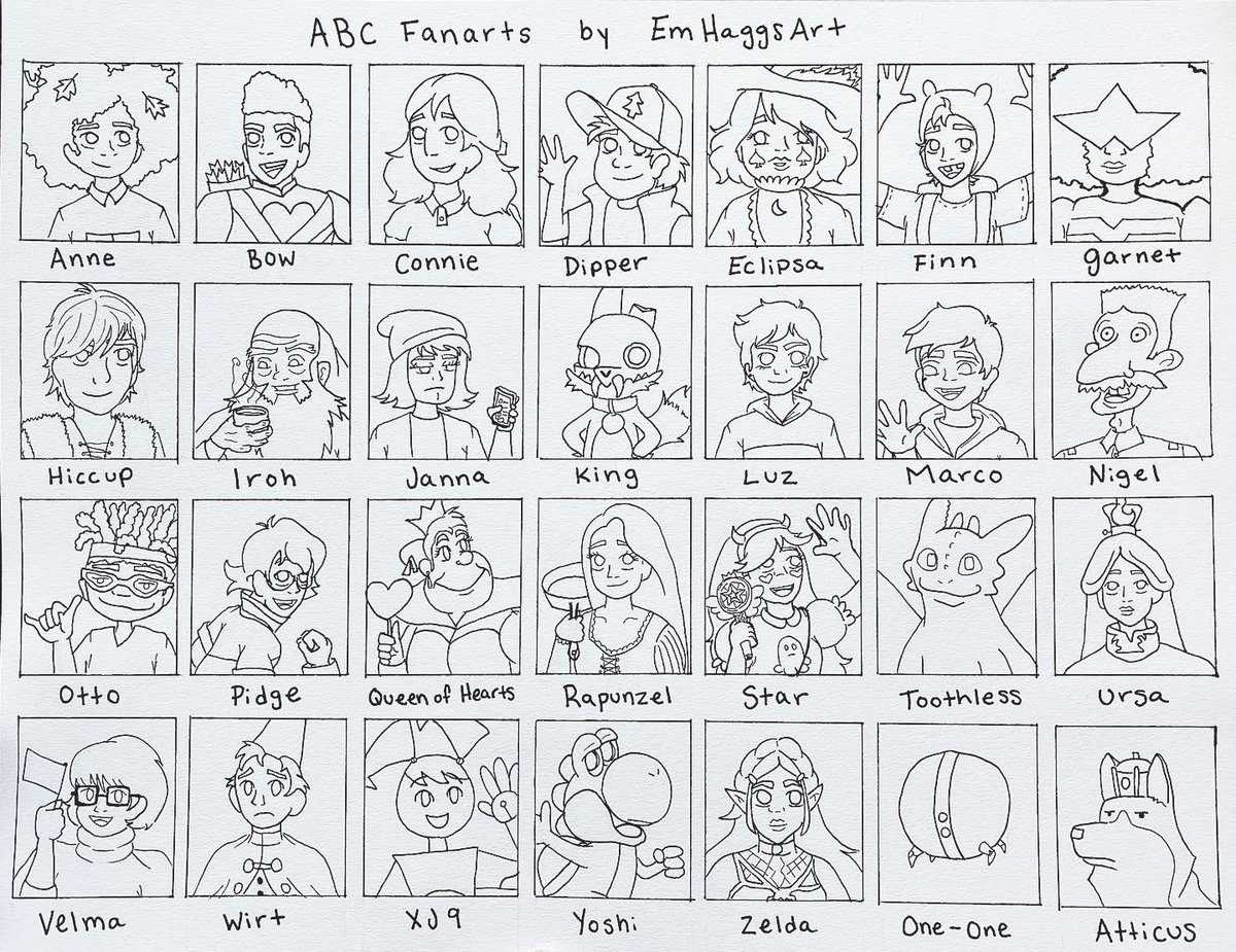 emhaggsart's tweet photo. Here’s the line art for my #ABCfanartchallenge! I started this like three months ago 😅 so I can’t wait to color it and see it all finished! 💕 Who’s your fav character from the bunch? #ABCfanart #abcfanarts #SixFanarts #sixfanartchallenge https://t.co/FqxvwUujFK