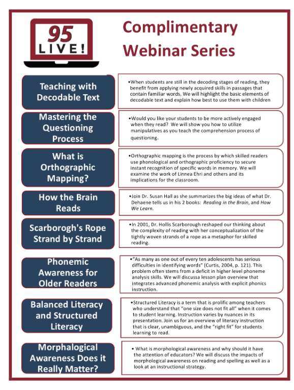Did  you miss any of the amazing webinars from the 95% Group's Spring Webinar Series?  Well... you can access all of the recordings at this link!   95percentgroup.com/professional-d…  Every webinar is aligned to the Science of Reading and each is just 30 minutes!  @MrEOrtizJr <a href="/MsKurto/">Kari Kurto</a>