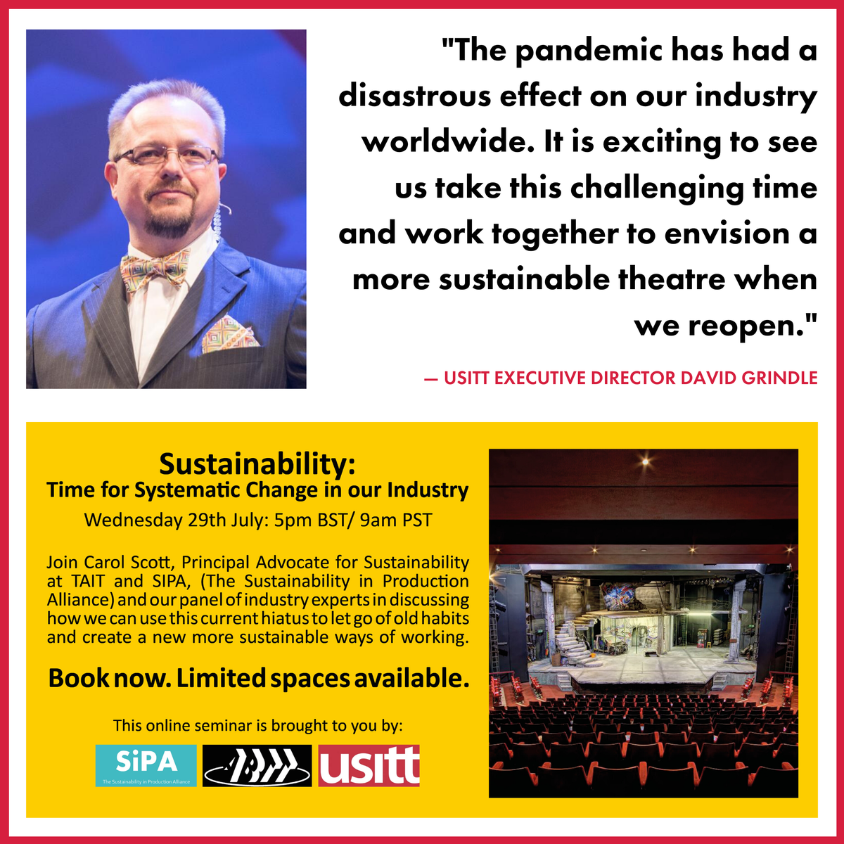 Join the <a href="/theabtt/">The ABTT</a>, <a href="/SiPAGlobal/">SiPA- Sustainability in Production Alliance</a>, and us at USITT next Wednesday, July 29, from 12-1:30 p.m. EDT, for a free webinar discussing how we can use this current hiatus to let go of old habits and create a new more sustainable ways of working.