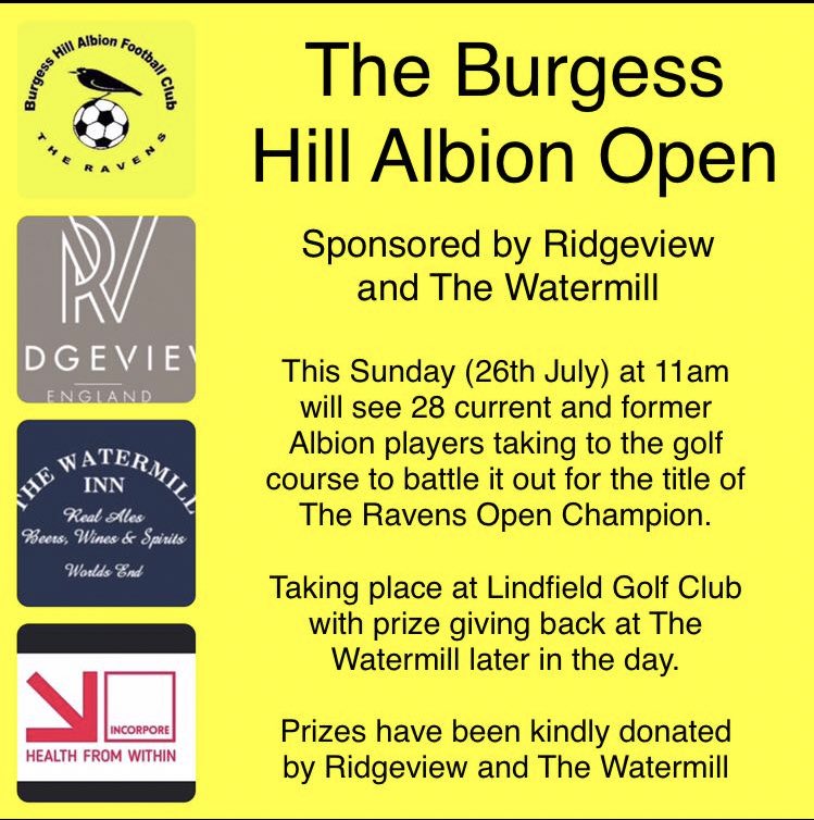 BHAlbionFC's tweet image. We’re all looking forward to Sunday, it’s the Burgess Hill Albion Open 2020! Sponsored by our lovely friends at @thewatermillinn &amp;amp; @RidgeviewWineUK - thanks guys! #ravens #BHAO2020 #everyonesgotnewgolfstuff