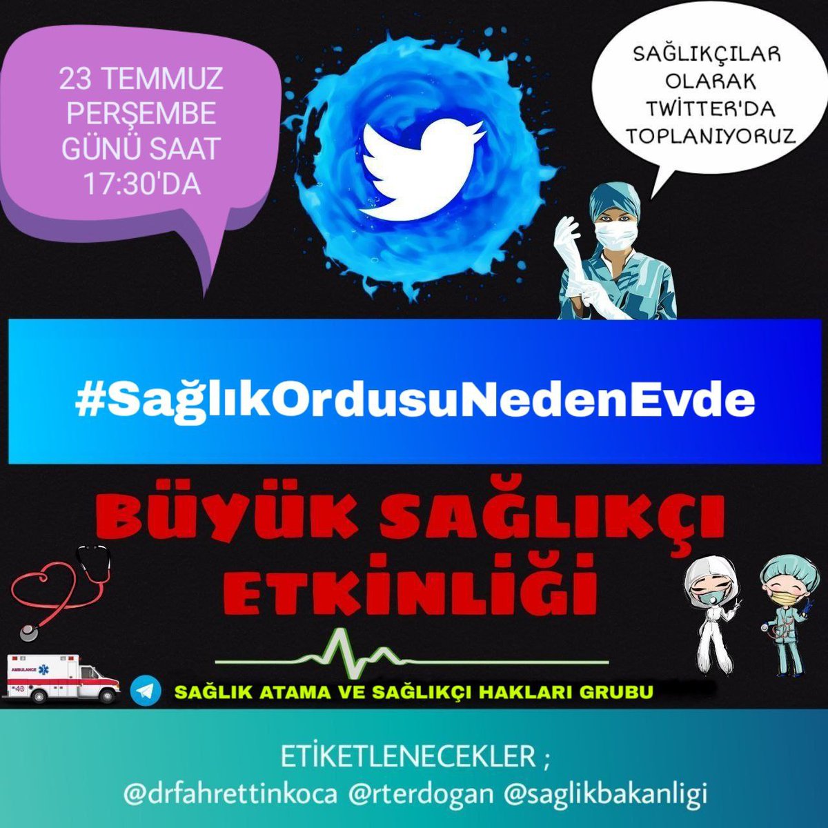 23 TEMMUZ PERŞEMBE SAAT 17 30 DA 
TWITTER DA OLALIM SAĞLIKÇILAR OLARAK BIR ATAMA DAHA ŞART ISTIHDAM ŞART ÇÜNKÜ YÜKSEK PUANLARLA BIR ÇOK BÖLÜM KALDI VE ATAMA BEKLIYOR 
HERKES RT YAPSIN 
TELEGRAM GRUBUMUZ ⬇️⬇️
t.me/joinchat/J-pfY…