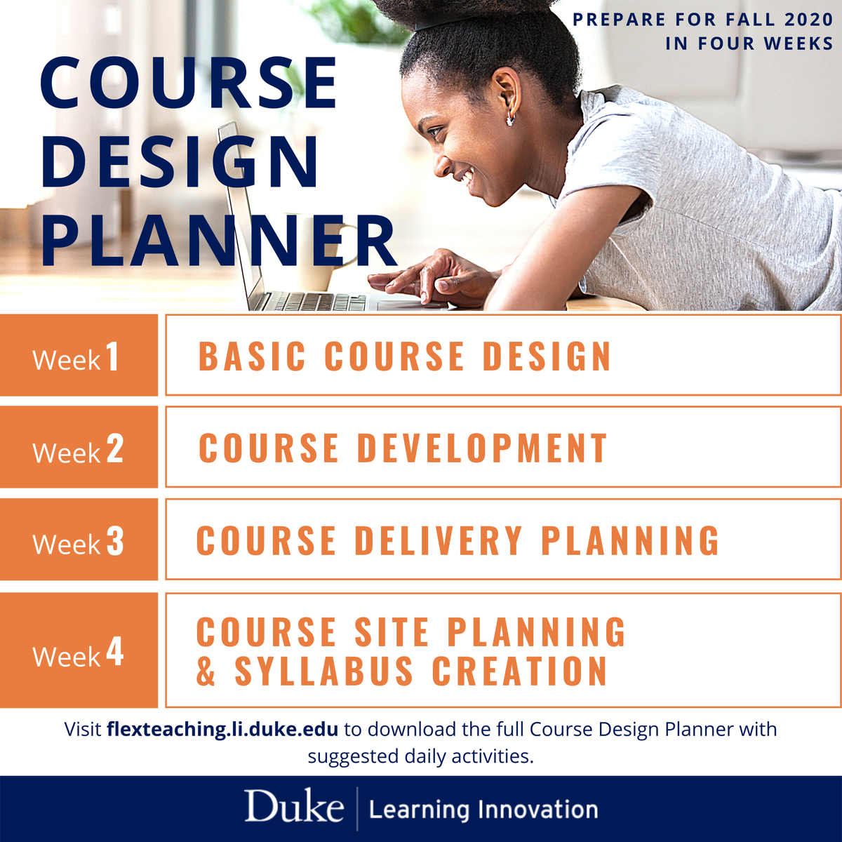DukeLearning's tweet photo. We're about 4 weeks away from the start of classes, but if you're just starting to design your #Fall2020 course, we've got you covered with our 4-week Course Design Planner: https://t.co/7BXReJZpLl You got this, @DukeU faculty! #DukeFlexTeach https://t.co/lHFhYa5VYQ