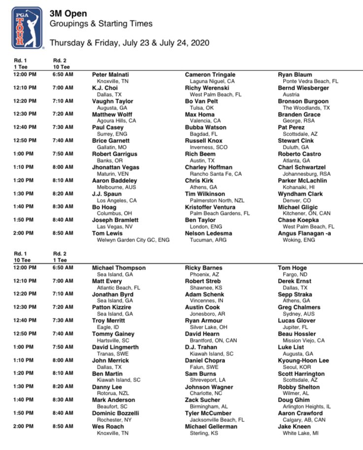 PGATOURComms's tweet image. First- and second-round tee times for the 3M Open

@PGATOUR | @3MOpen