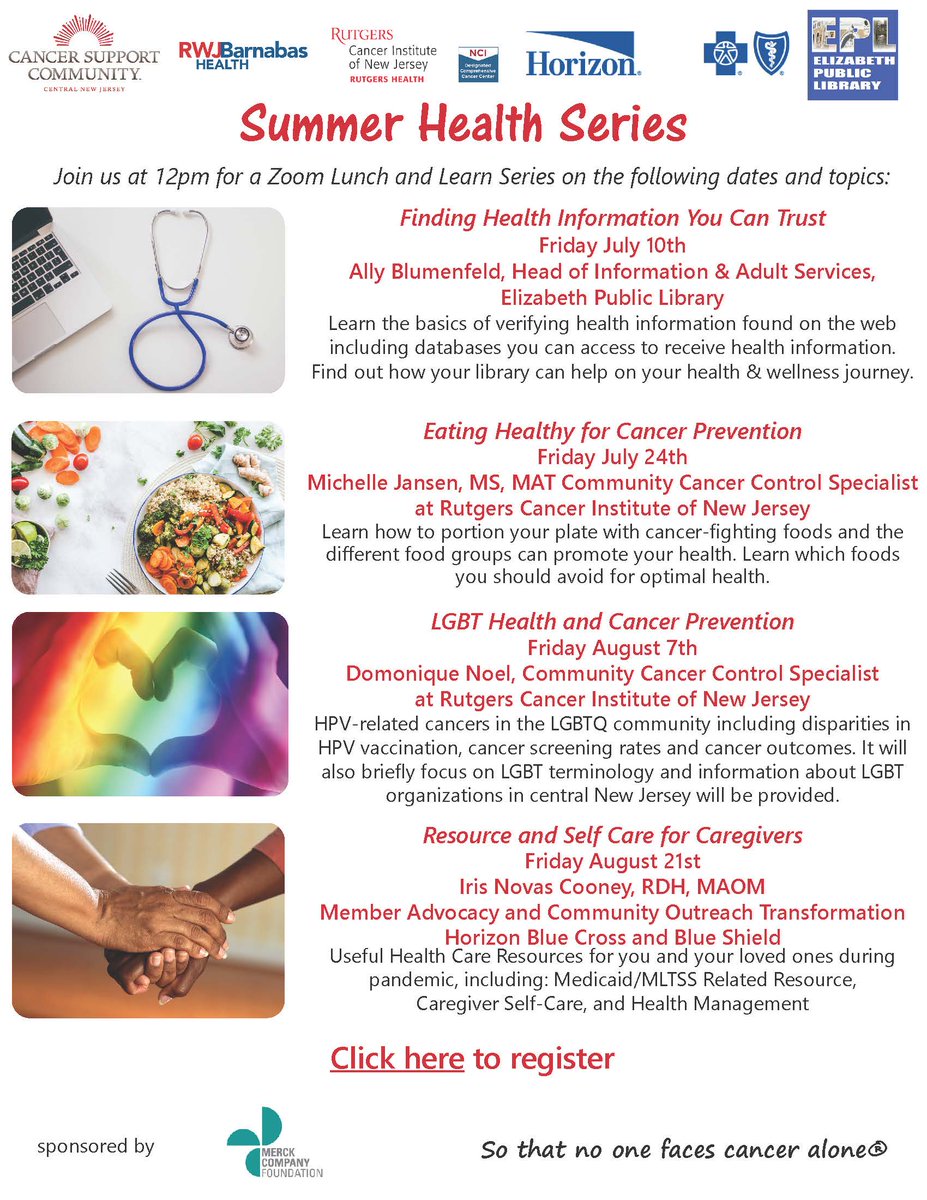 Cr4Hope's tweet photo. Join us for the latest in our Summer Health Series offered at no charge in partnership with Elizabeth Public Library, @HorizonBCBSNJ , and @RutgersCancer
This week's topic: Eating Healthy for Cancer Prevention
Register today:
https://t.co/iNIKlb3hxG
#JoinUsCSCCNJ https://t.co/u8Mp7rley4