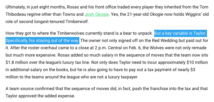 Once all the financial fell in place after the Timberwolves many deadline deals -- including Covington to HOU and Wiggins to GSW -- it was striking to me that Taylor signed off on paying the luxury tax while Houston and Golden State, in part, used the deadline to duck the tax.
