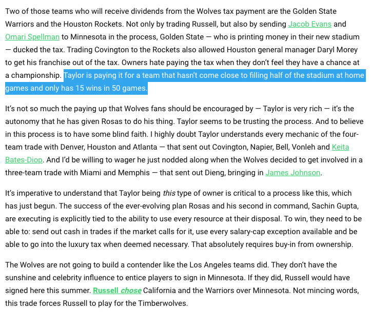 The Timberwolves are one of four teams who will pay the luxury tax this season -- and Glen Taylor signed off on that so that Gersson Rosas and the Timberwolves front office could do their thing.That matters.