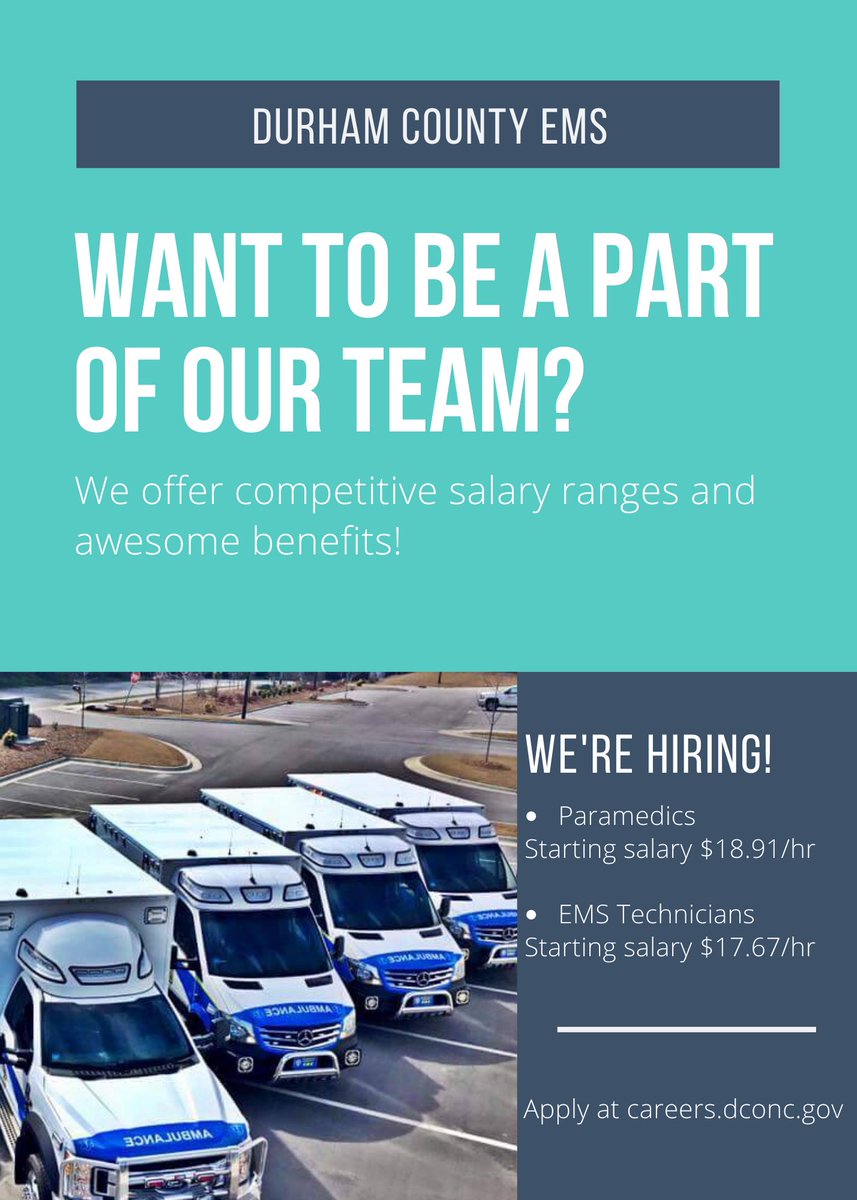 EMSDurham's tweet photo. Come join our team! We'll be holding an assessment center next week! Apply at https://t.co/2kC8UqmLEN. 🚑🚨 #hiring #paramedic #emt #durhamcounty #durhamnc #bullcity #bullcitymedics https://t.co/maYkXD6AEO