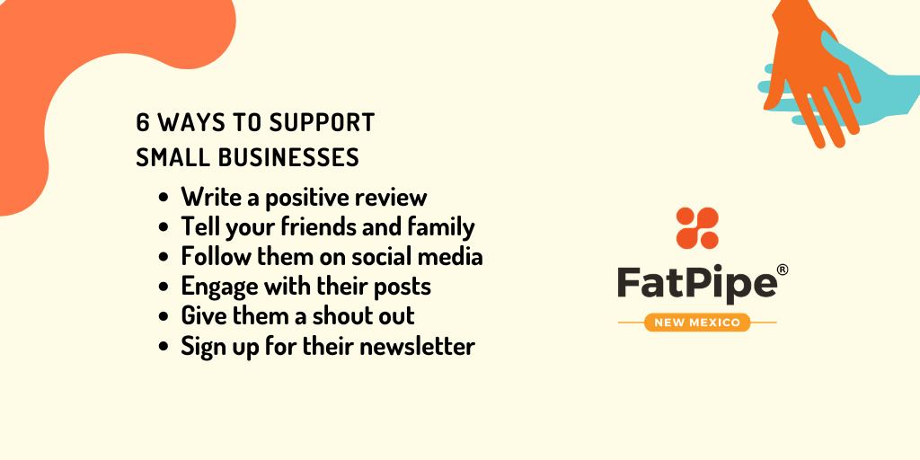 FatPipeNM's tweet photo. We would like to share with you 6 ways to support small businesses even if you are on a budget.
#CoworkAtFatPipe #smallbusiness #coworkingspace #Entrepreneurs #community #ABQ #NewMexico #coworking #Workforce https://t.co/DcYD3Q11c0