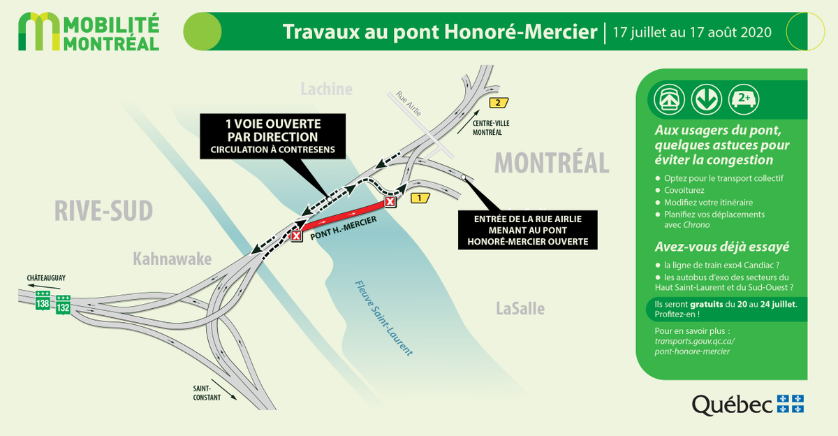 Qc511_Mtl's tweet photo. Du 17 juillet 22 h au 17 août 5 h, des travaux de réfection seront réalisés sur le #PontMercier (#R138) : une voie sera ouverte par direction. Pour plus d’informations – https://t.co/luZUC8CBMW https://t.co/zgcMXP5X8H