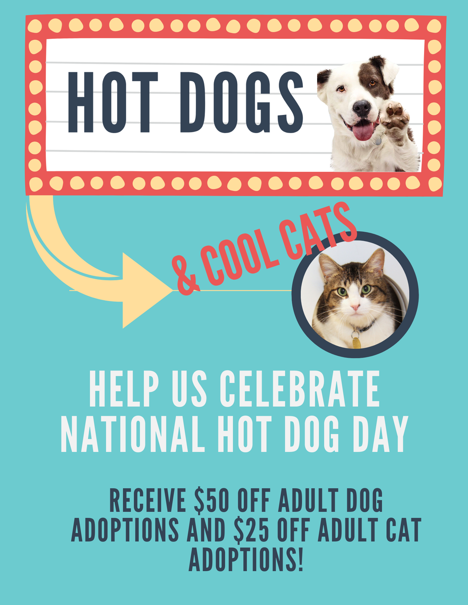 Join us for National Hot Dog Day on Wednesday, July 22, and receive $50 off an adult dog adoption and $25 off and adult cat adoption.

#AdoptLansing #NationalHotDogDay