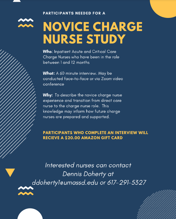 Lots of progress on my dissertation study over the last several months.  The next participant will be number 10. If you know a nurse who has been in the charge nurse role for less than 12 months in an inpatient setting I would LOVE to interview them.