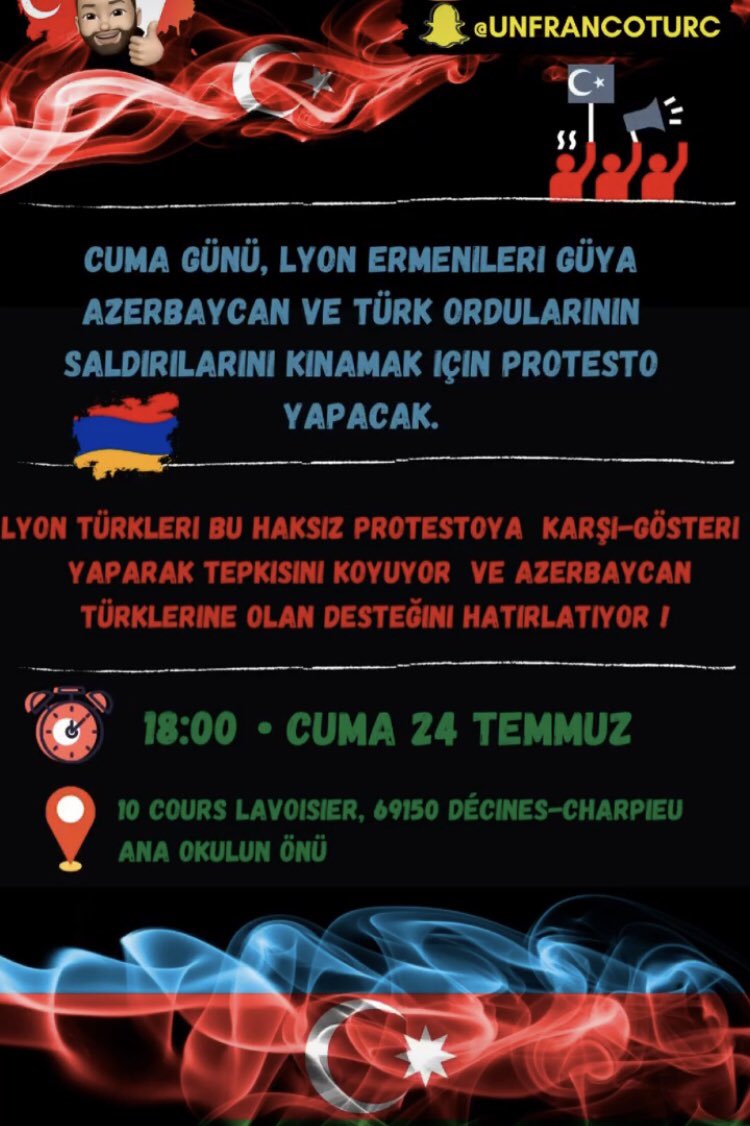 colardemo's tweet photo. En région lyonnaise, les tensions pourraient monter d’un cran avec cet appel à une contre manifestation anti arménienne.
#arménie #Turquie #Azerbaijan 
@cdcaancfrance @ccaf_france @CCAFRCF @Collectif_VAN @FRANORSEROUND @prefetrhone https://t.co/Ztglr1pOeJ