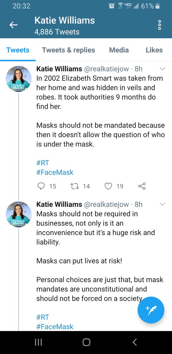 Ms. Williams believes nobody should wear a mask who doesn't want to (in fact she trended as  #COVIDKatie a while back).