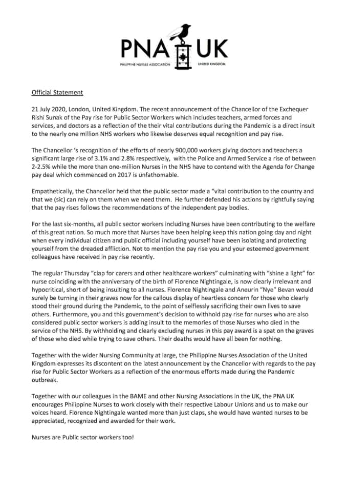 Twit

PNA UK joins the 1-million Nurses who feel deprived of the recognition and pay rise award given by the chancellor to public sector workers. Nurses are public sector workers too. Nurses deserve more than claps, they deserve equal pay rise. See fb for full statement.