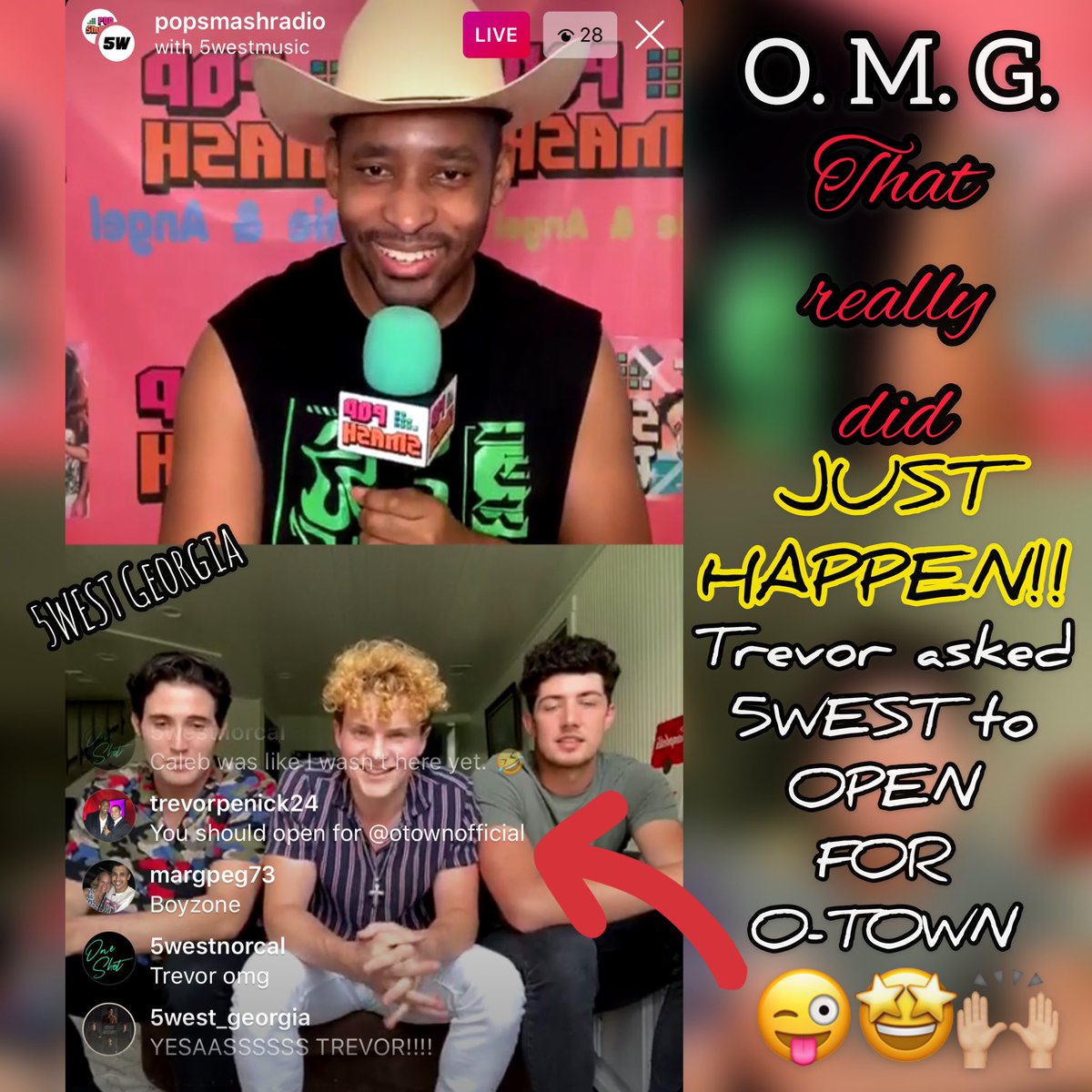 5WESTGeorgia's tweet photo. Remember when @Trevorpenick24 was watching @popsmashradio #top10live &amp; suggested @5WESTMUSIC OPEN FOR his #band @OTownOfficial ?! Can we make this happen?! YES PLEASE &amp;  THANK YOU!! 🙏🏼❤️😍 #5WEST #Westies #5WESTmusic #OTown #Townies #OTWN #OneShot #boyband #tour #MyBoysAreAmazing https://t.co/TujyYRHwPM