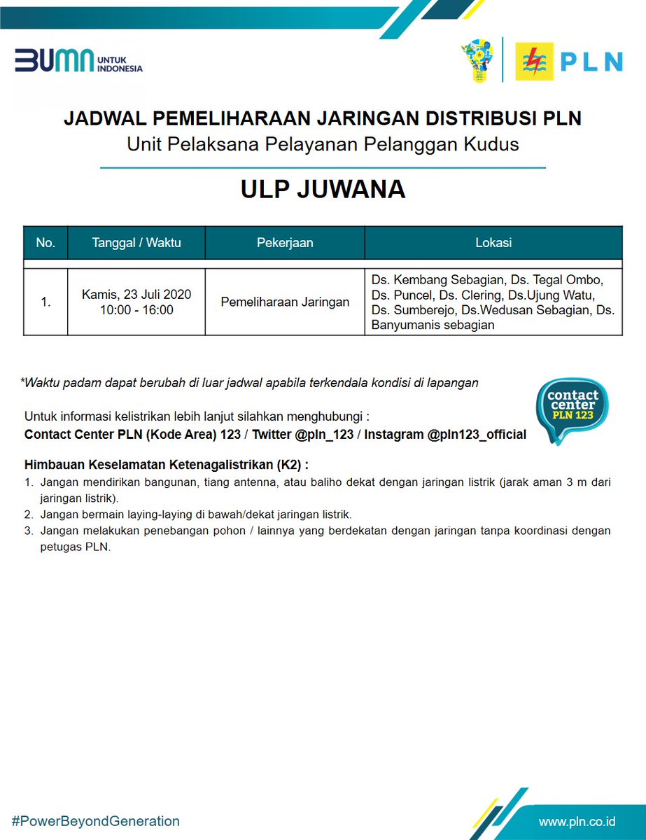 Jadwal pemeliharaan jaringan wilayah ULP Juwana ya lur.. Kamis 23 Juli 2020
