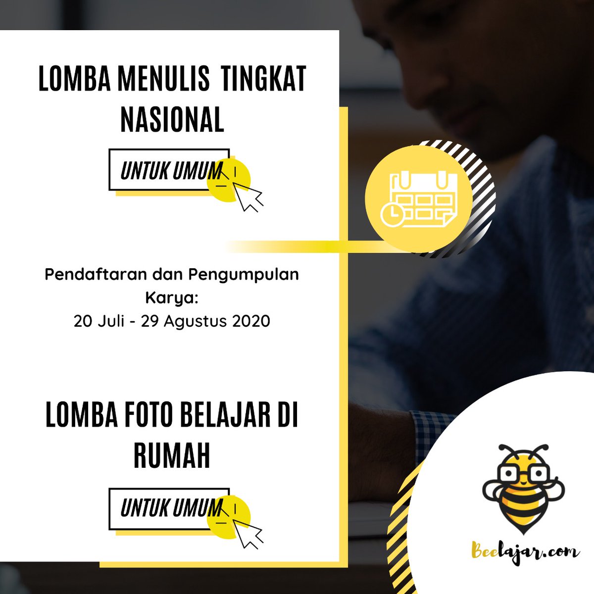 beelajarofc's tweet photo. https://t.co/vJnl9BdPx3 Proudly Present.
BEE-Smart Olimpiade dan Lomba Tingkat Nasional 2020.

Sebuah event Olimpiade dan Lomba spektakuler di Hari Kemerdekaan Republik Indonesia yang Ke-75. https://t.co/q05C6NtV2h