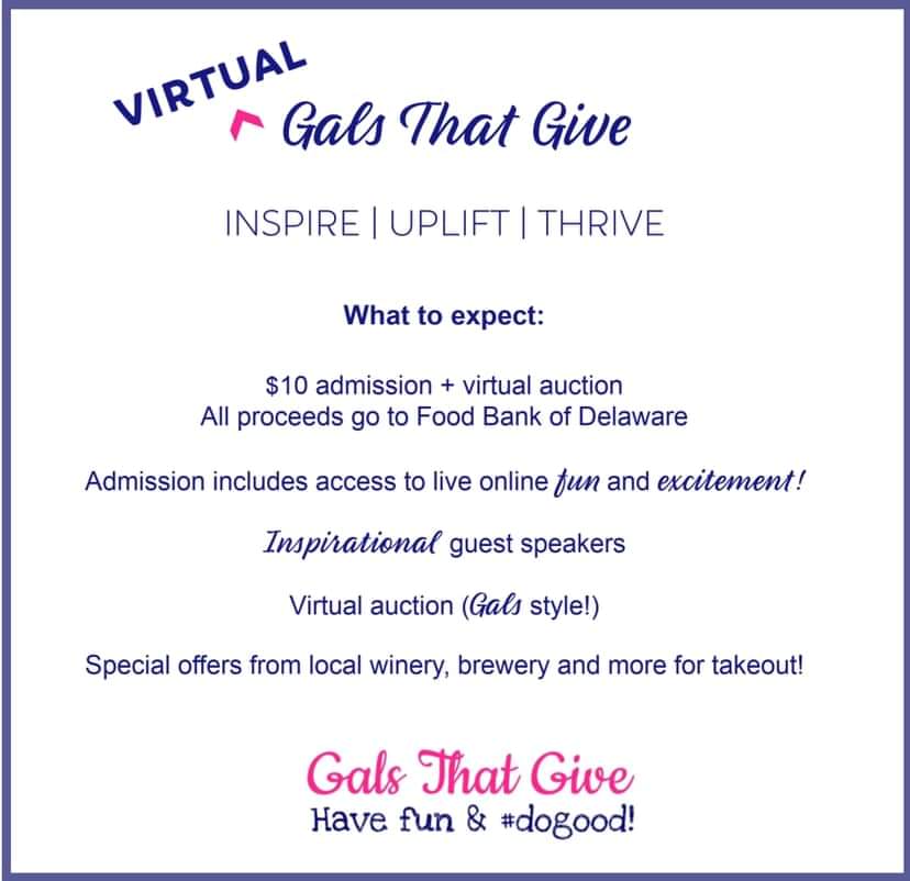 MichelleGarey's tweet photo. Join us for the virtual Gals That Give where guest speakers, Wise Women Voices in our community, will share stories on how to Inspire | Uplift | Thrive! Reserve your virtual ticket at https://t.co/x5RbMDoX3o. All proceeds go to Food Bank of Delaware. #DoGood #gals4charity https://t.co/9YSUmx7oLT