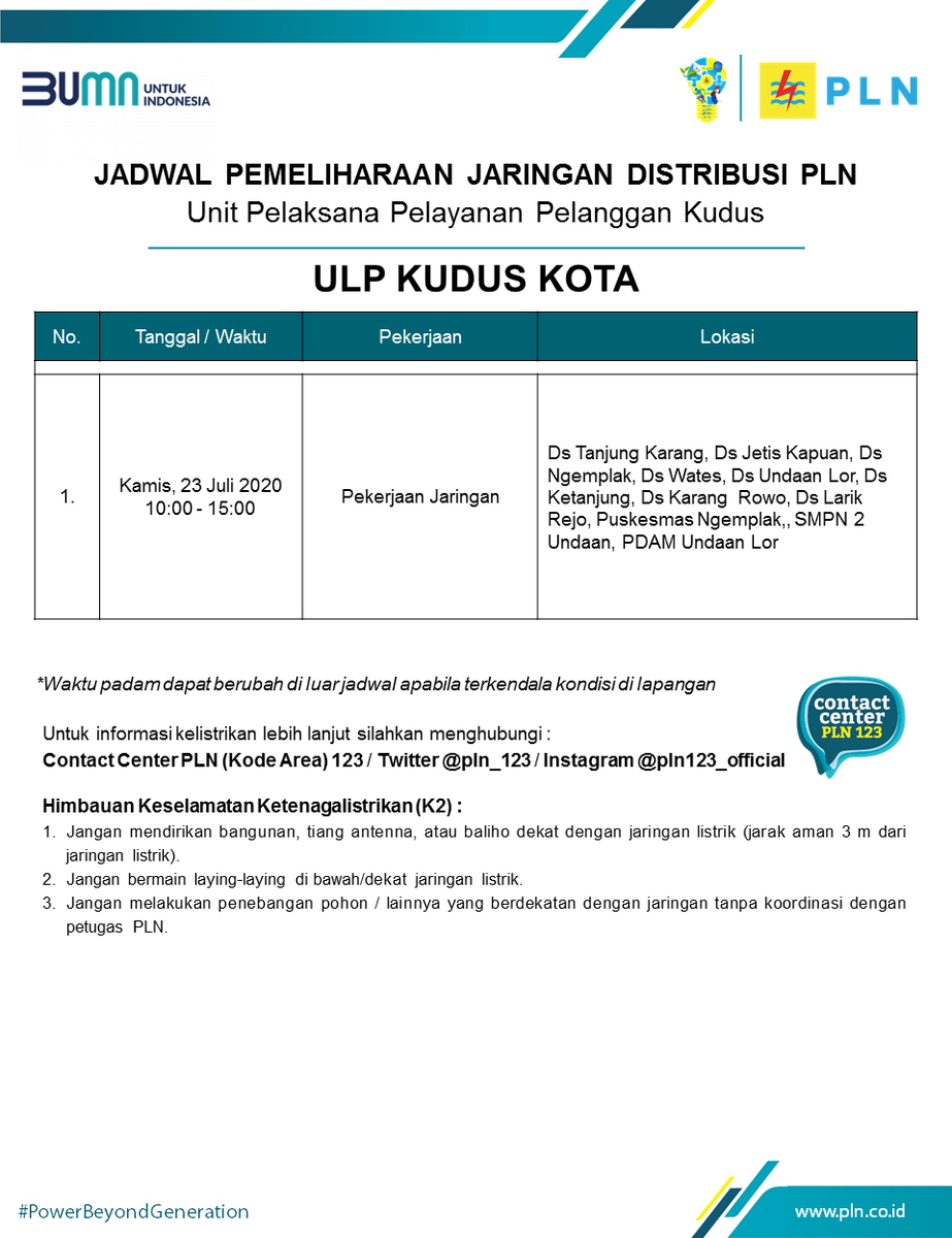 Jadwal pemeliharaan jaringan ULP Kudus Kota ya Lur.. Hari Kamis 23 Juli 2020🙏