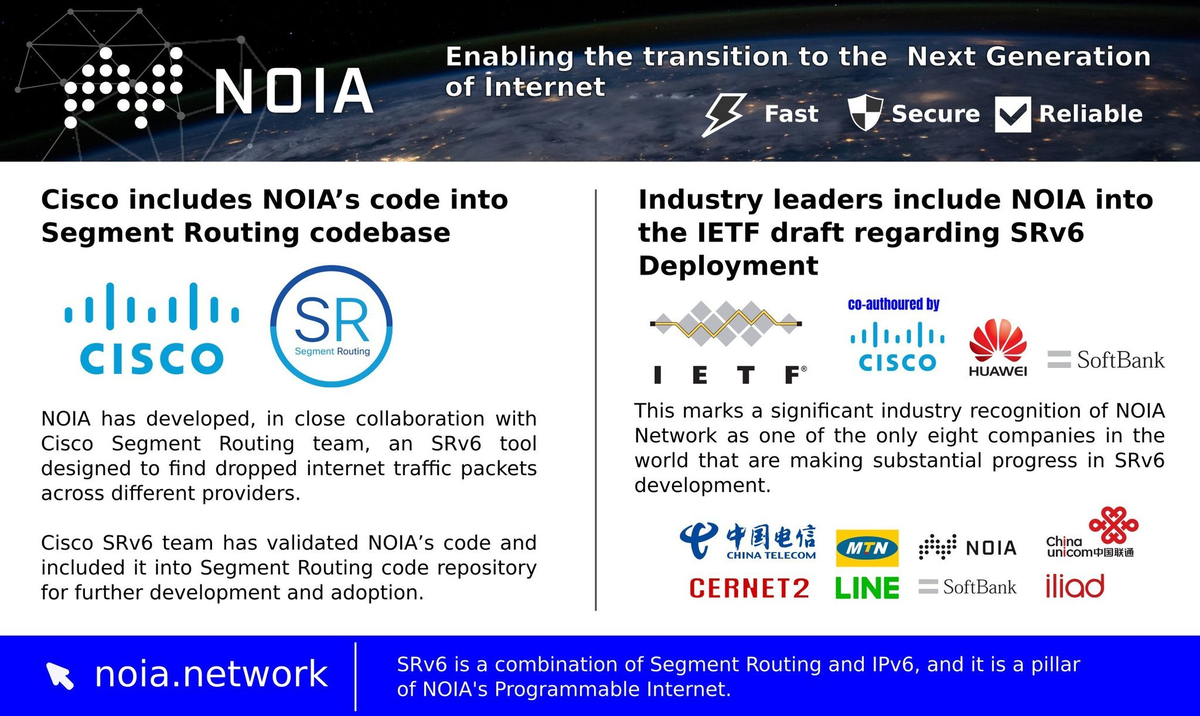 NOIA Partnerships & Collaborations:Oracle for Startups for Enterprise Sales: https://pbs.twimg.com/media/EbrUxslU8AArlNL?format=jpg&name=large  $NOIAMicrosoft, Startup with IBM & Ramprate!Added into Cisco codebase: https://medium.com/noia/cisco-includes-noias-code-into-segment-routing-codebase-8dbae69a7559Among SRV6 adoption leaders: https://medium.com/noia/industry-leaders-include-noia-into-the-ietf-draft-regarding-srv6-deployment-c1afaecd3356Wireguard VPN integration